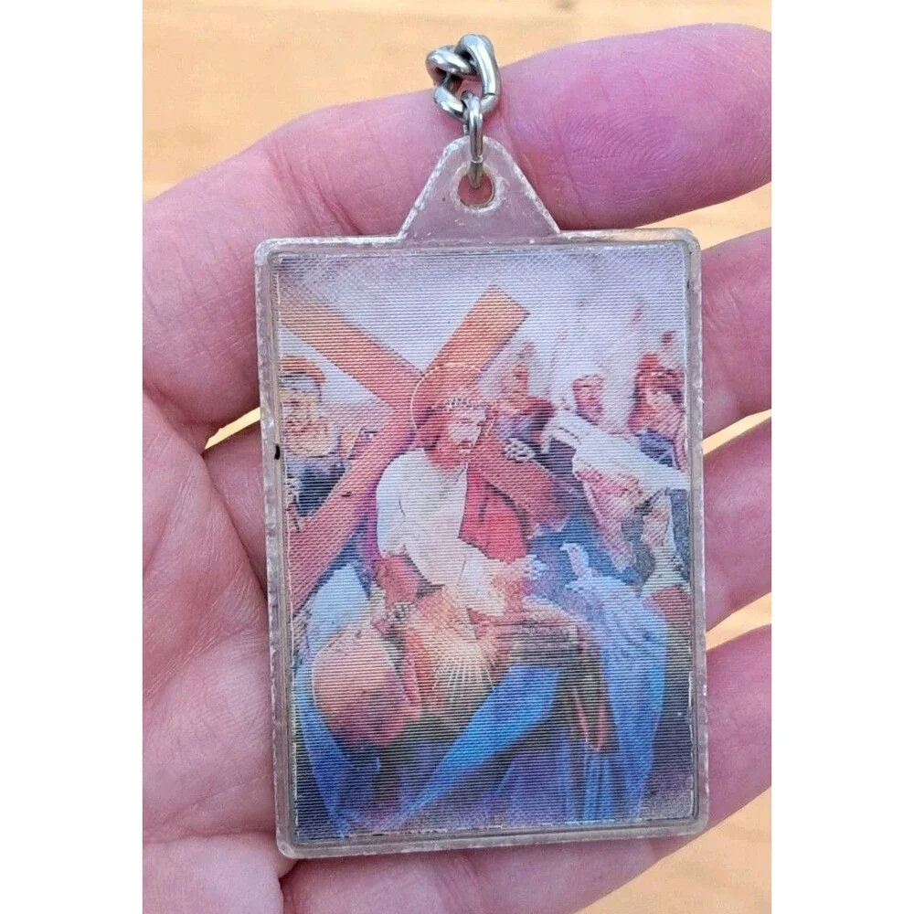Vintage Lenticular Holographic Keychain Jesus Mary Religious Christian 2-sided